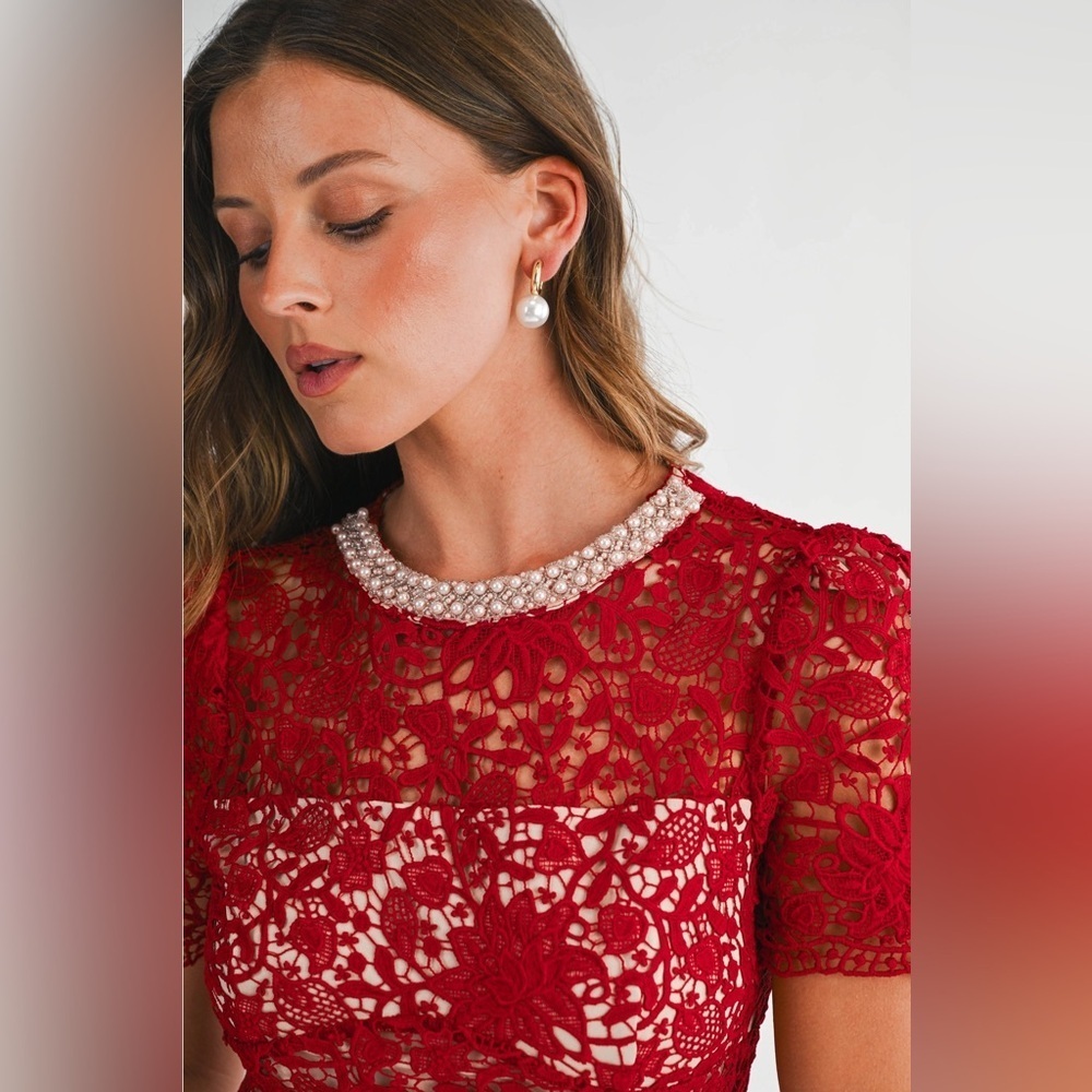 Endless Blu Red Lace Dress Pearl Neckline Festive Holidays - Picture 3 of 4
